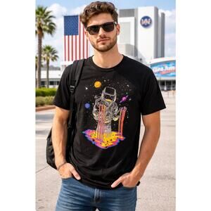 Into The AM Astronaut Graphic T-Shirt Large Black Neon Space Cosmic Streetwear